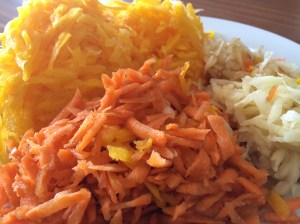 Geriebener Kürbis, Karotte und Kartoffeln